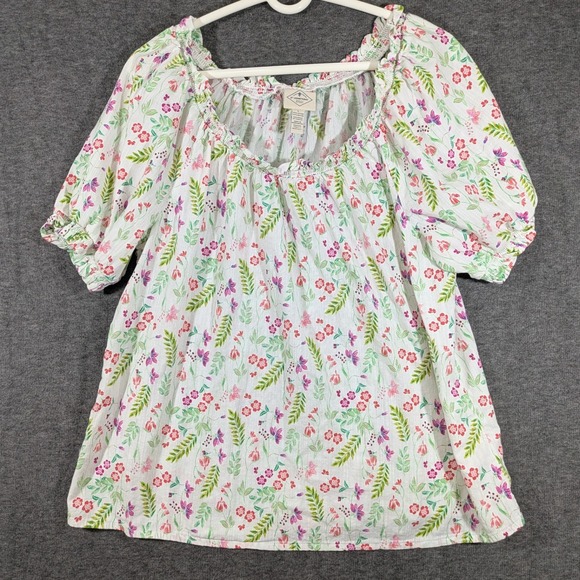 St. John's Bay Tops - St Johns Bay White Floral Women's Round Neck Peasant Style Blouse Size L